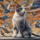 Grey and White Long-Haired Cat Among Flying Pigeons