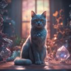 Serene cat in mystical setting with ambient lighting