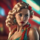 Vintage wavy hair woman in green attire with red flower and earrings, colorful blurred backdrop