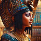 Detailed Digital Painting: Egyptian Queen with Traditional Headdress & Eye Makeup