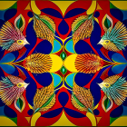 Symmetrical fractal design with vibrant purple, blue, orange, and yellow palette