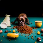 Brown Puppy with Spilled Vase and Food on Green Surface