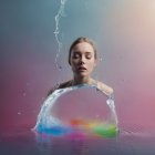 Woman emerging from water with closed eyes and rainbow bubble, water splashing.