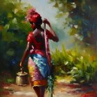 Woman in red top and blue sarong with flower in hair walking in lush green landscape