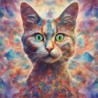 Colorful psychedelic cat with blue eyes on intricate kaleidoscopic background