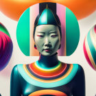 Colorful surreal portrait of stylized female figure in futuristic attire and headpiece against glossy orbs