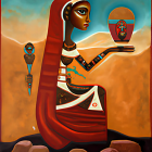 Egyptian-style figure holding a mask in surreal desert backdrop