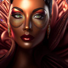 Bronze-skinned woman with blue eyes and red lips in glittering makeup portrait