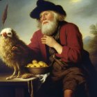 Elderly man in historical attire holding bird with chicken body and owl head beside table with bread