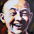 Vibrant abstract painting of a joyful bald person with mustache