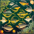 Colorful Fish and Aquatic Plants Illustration in Orange, Yellow, and Green Palette