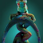 Chameleons on interwoven branches against teal background