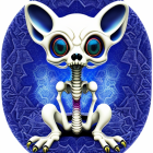 Whimsical skeletal creature with oversized head on cosmic blue background