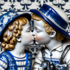 Porcelain figurines in blue and white outfits touching noses among white flowers