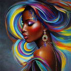 Colorful Abstract Portrait of Woman with Swirls for Hair in Reds, Golds, and Blues