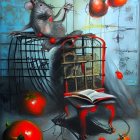 Anthropomorphic mouse with caged companion among tomatoes and vintage book.