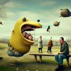 Surreal image of giant yellow creature being fed in whimsical landscape