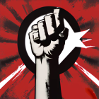 Symbolic clenched fist with star on red background for power.