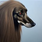 Digitally created image: Dog with human-like eyes and beaded braids, posing next to skull