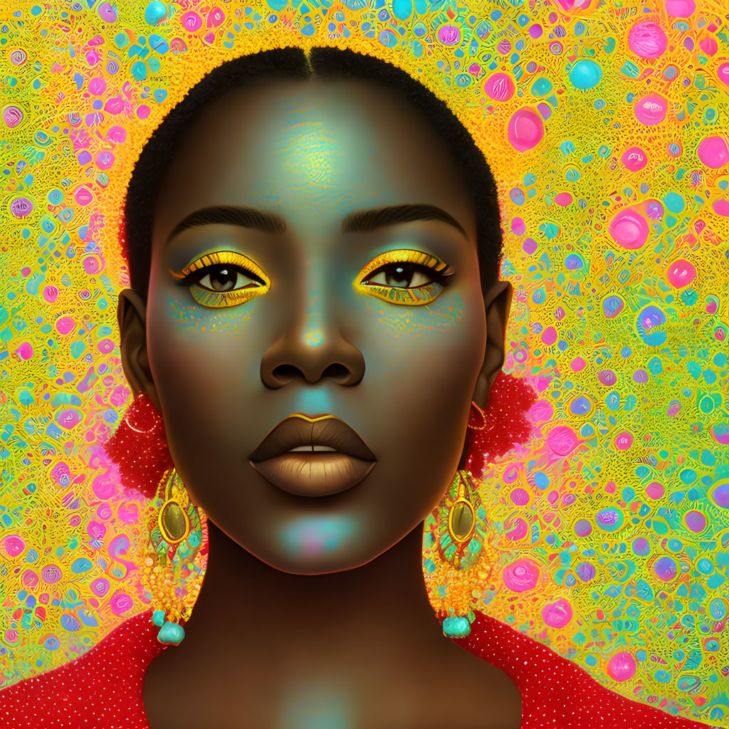 Vibrant digital artwork: Woman with yellow eye makeup on colorful background