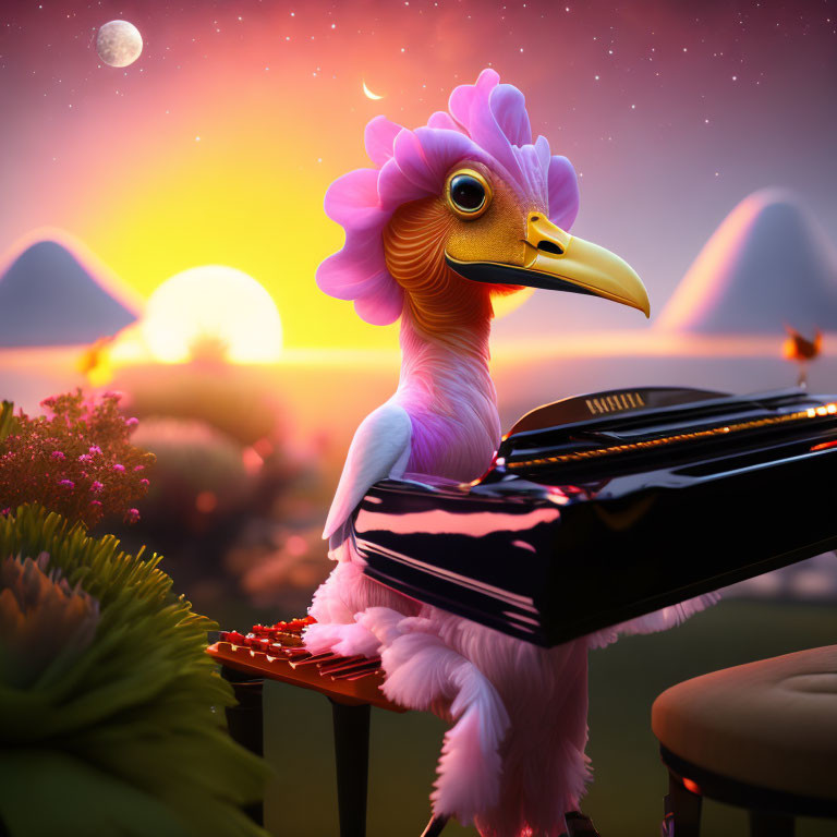 Colorful Bird Playing Grand Piano at Sunset with Hills