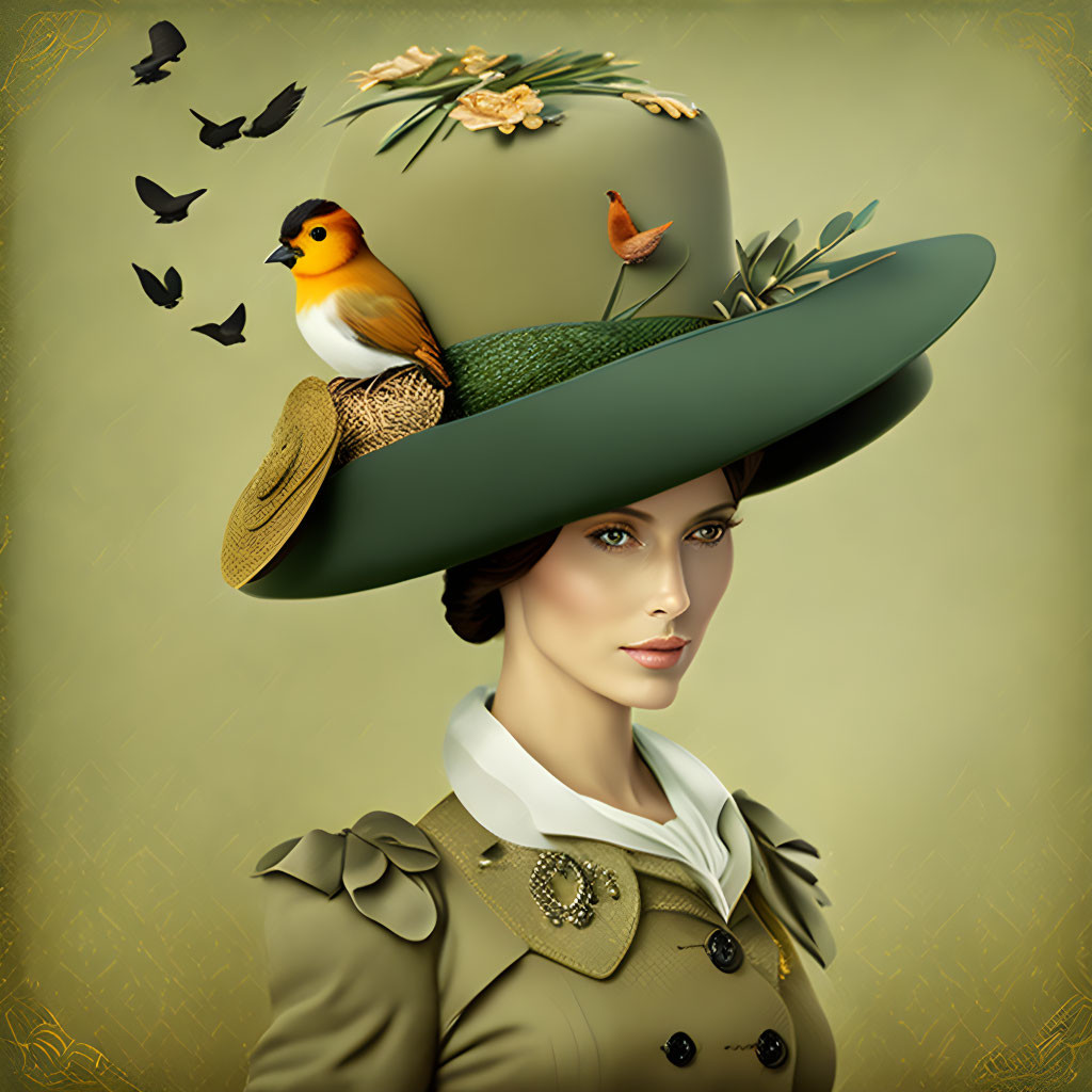 Illustrated woman in green hat with bird and wheat on yellow background