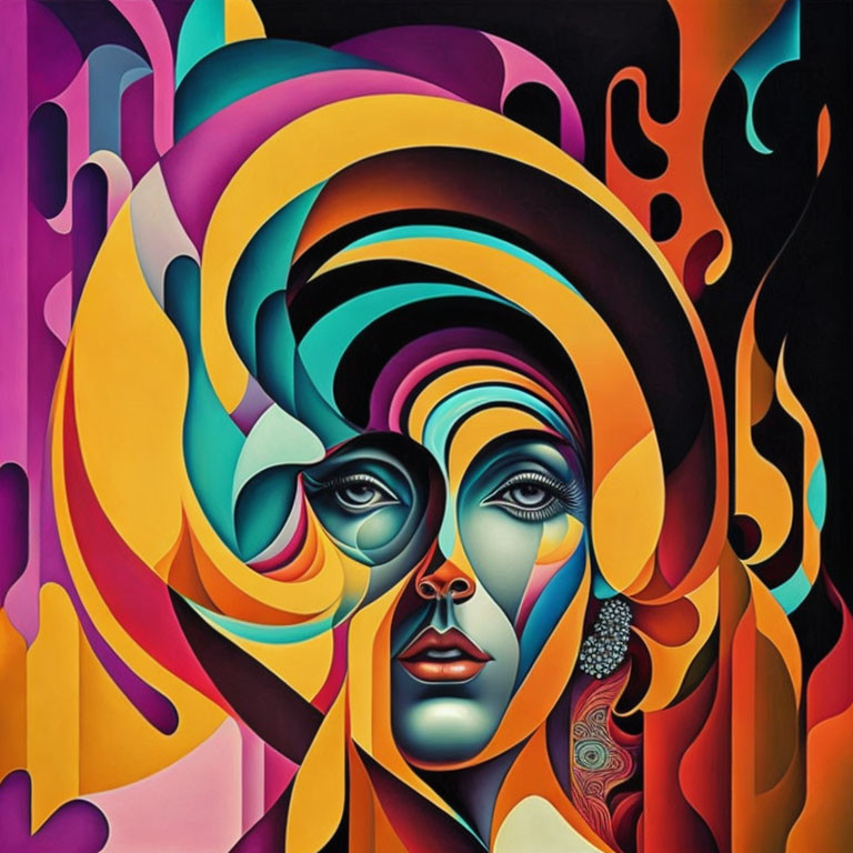 Colorful Abstract Painting of Human Face with Swirling Psychedelic Patterns