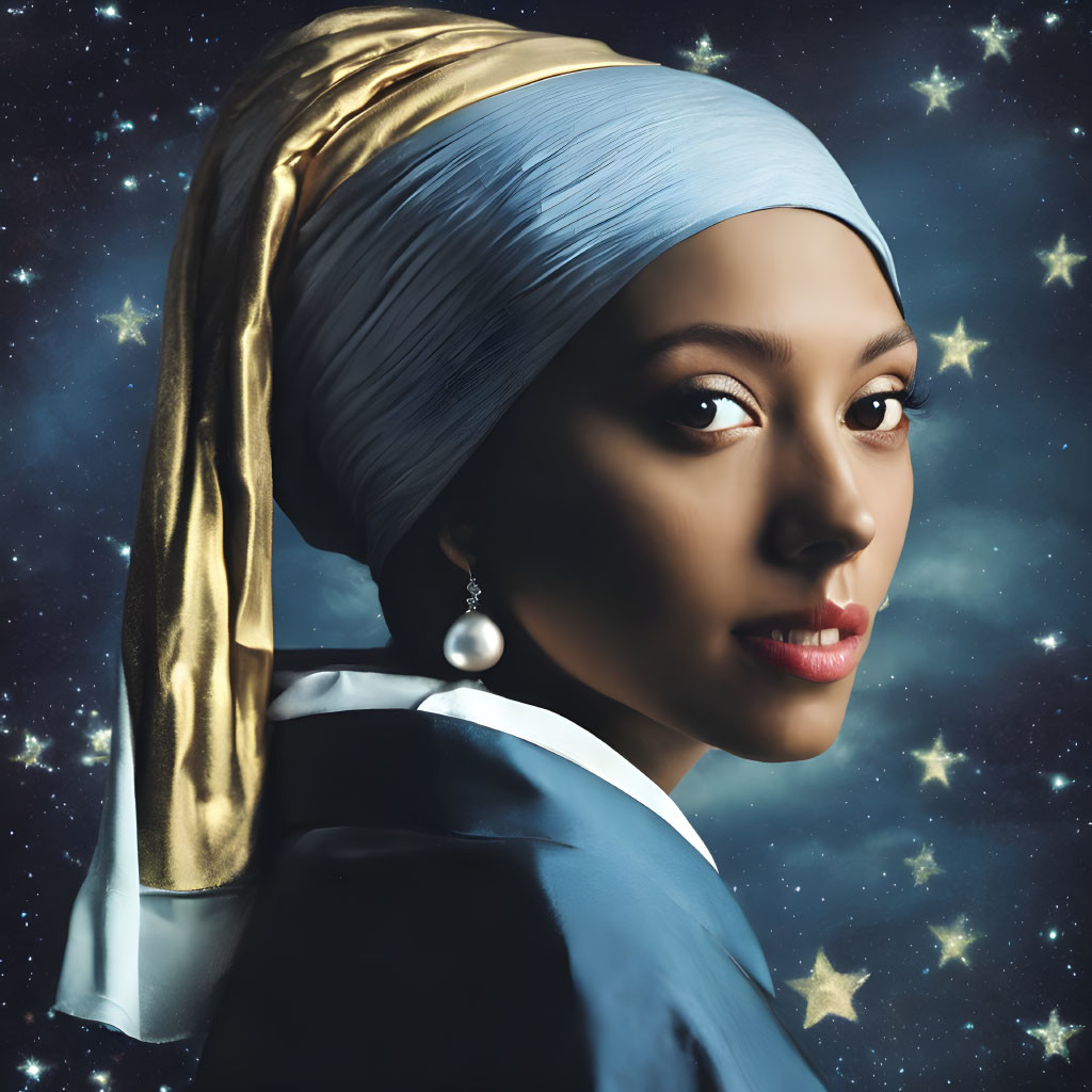 Woman styled in "Girl with a Pearl Earring" attire on starry backdrop with blue headscar