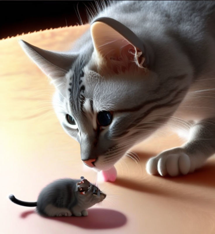 Feline Pair with Striped Fur Touch Noses on Warm Background