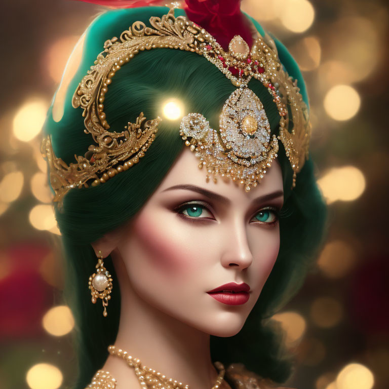 Illustrated woman with emerald green hair and gold jewelry in warm bokeh lights