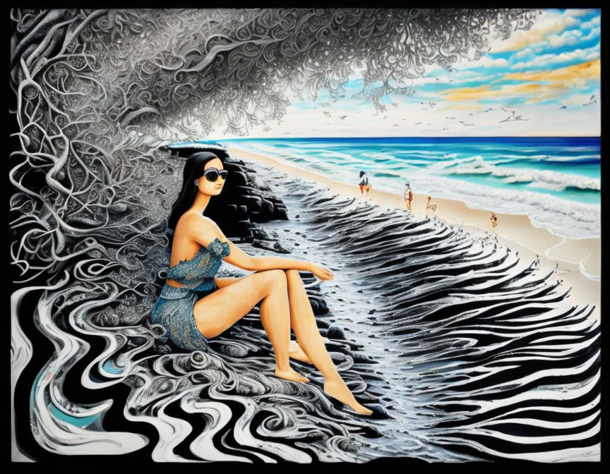 Stylized artwork: Woman in sunglasses on patterned surface with vibrant beach scene