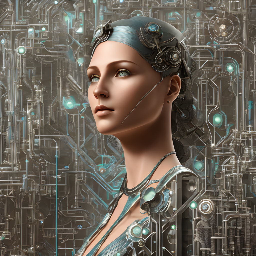 Detailed digital artwork: Female android with blue hair accents and futuristic circuitry background