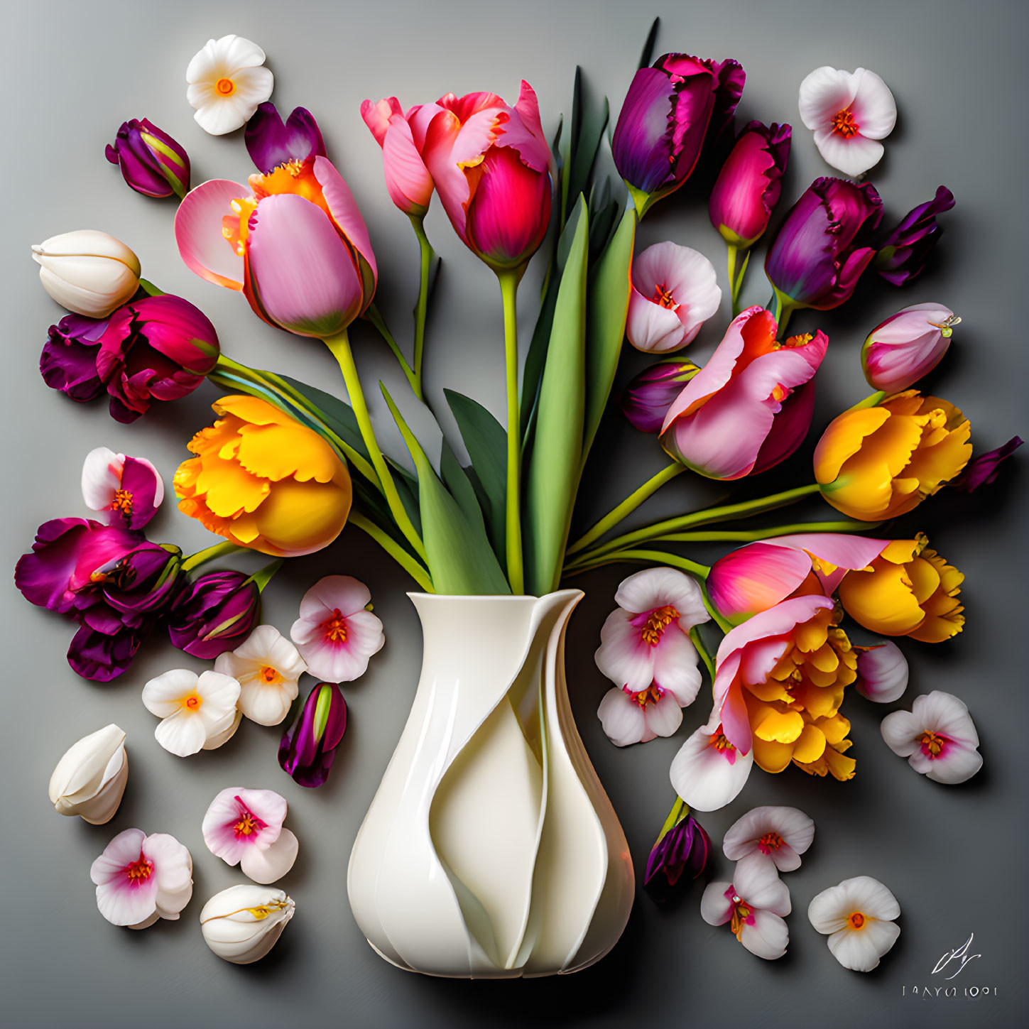 Vibrant tulips and flowers in white vase on gray backdrop