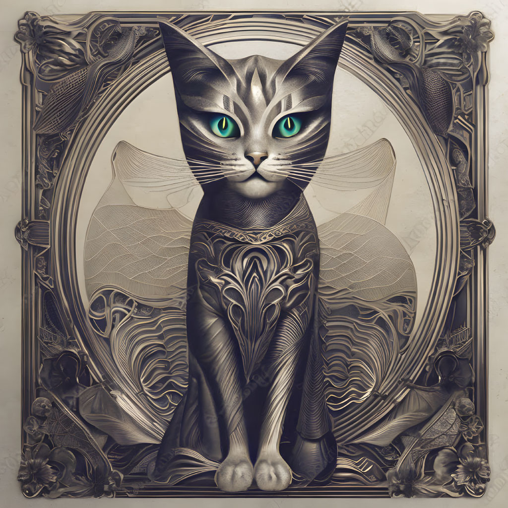 Intricate black cat digital art with green eyes and wings in vintage border