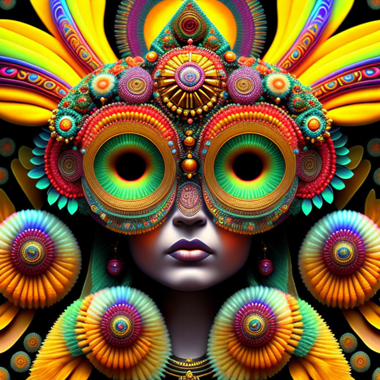 Symmetrical abstract face with colorful patterns and textures