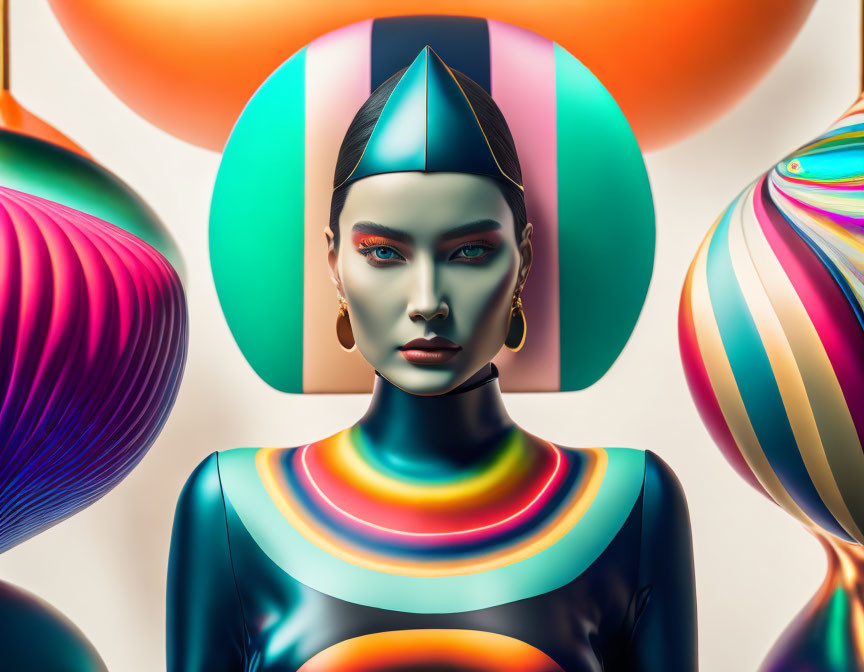 Colorful surreal portrait of stylized female figure in futuristic attire and headpiece against glossy orbs