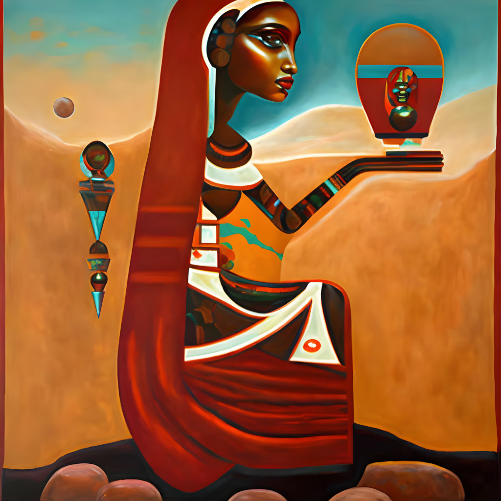 Egyptian-style figure holding a mask in surreal desert backdrop