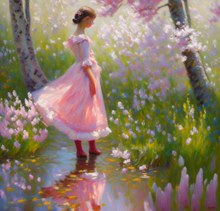 Young girl in pink dress surrounded by blooming flowers and sunlight near creek