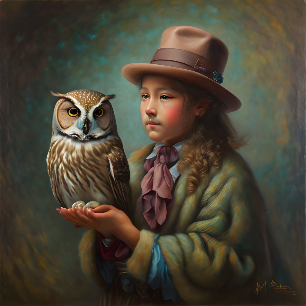 Vintage-clad girl with realistic owl on hand against moody background