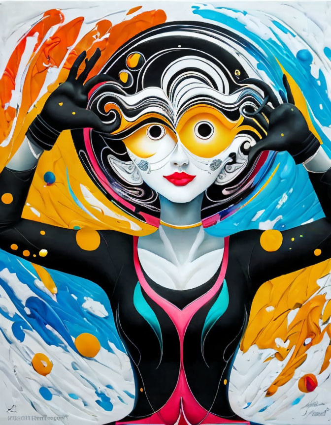 Colorful Stylized Woman Artwork with Swirling Hair and Bright Paint Splashes