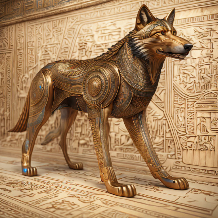 Detailed Mechanical Wolf with Bronze Patterns in Front of Hieroglyphic Wall