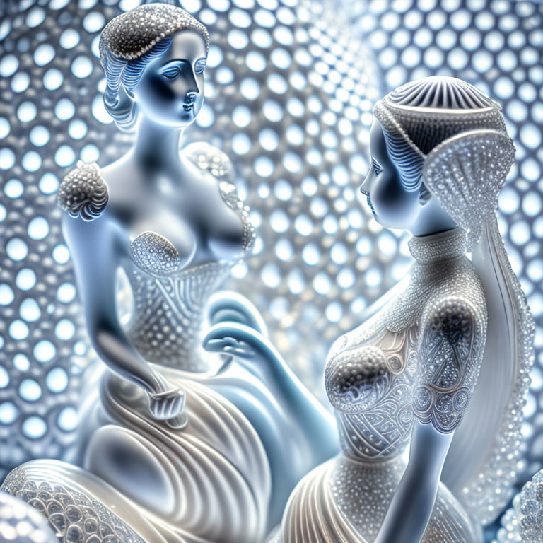 Porcelain-like female figures in elegant attire on dotted blue backdrop