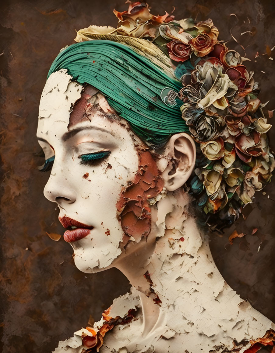 Portrait of person with peeling makeup, turban headpiece, and floral adornments