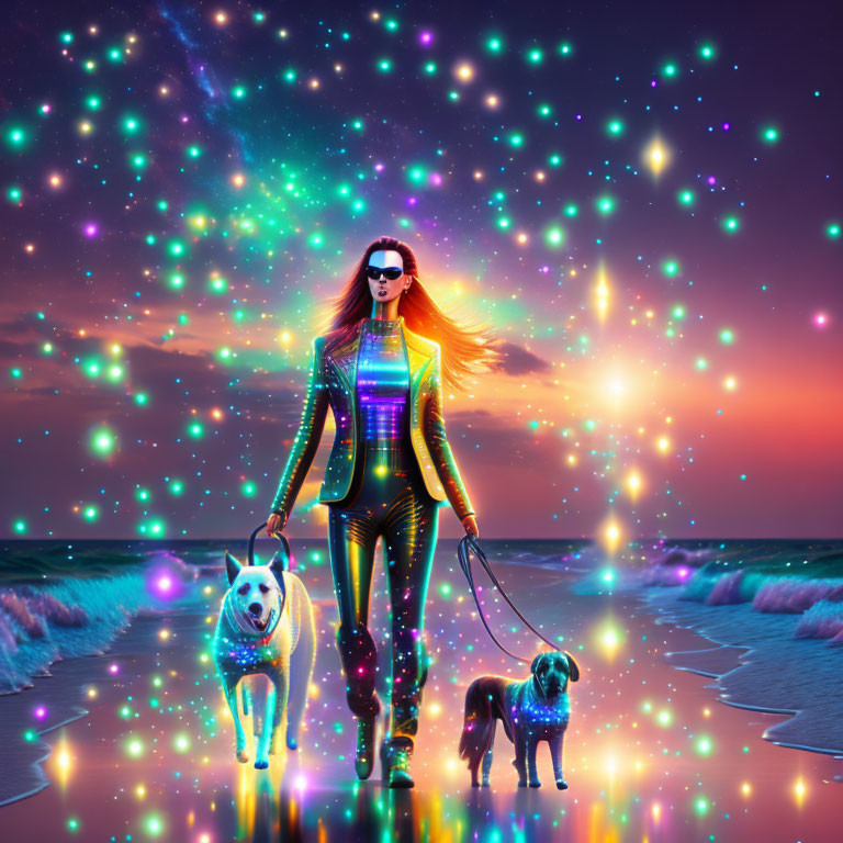 Vibrant holographic suit woman walks dogs on beach under colorful night sky