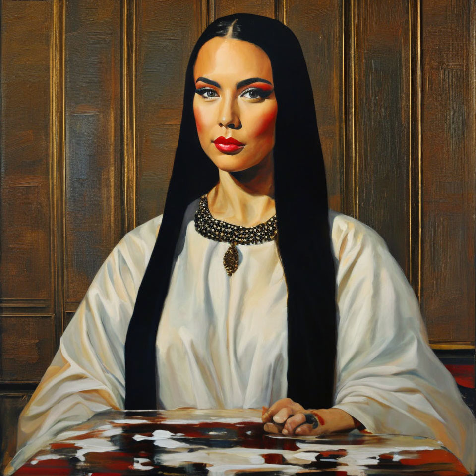 Portrait of Woman with Long Black Hair, White Blouse, Statement Necklace