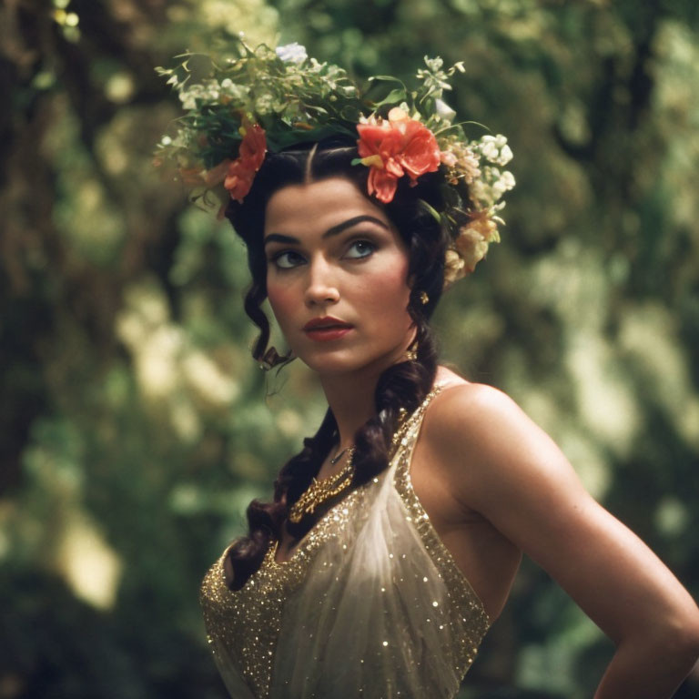 Woman in Floral Crown and Golden Dress Amidst Blurry Green Background