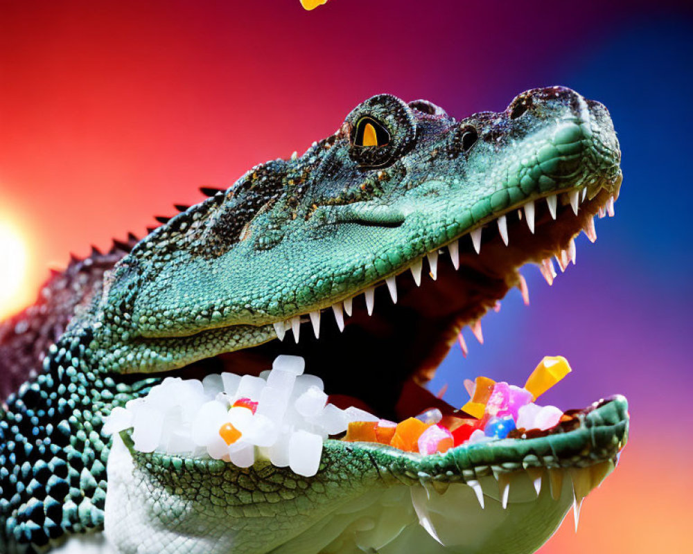 Colorful gummy candies in toy crocodile's open mouth on vibrant background