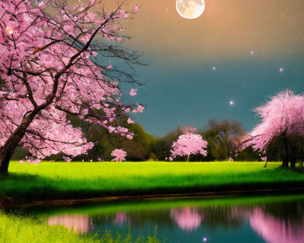 Tranquil night landscape with cherry blossoms by calm lake