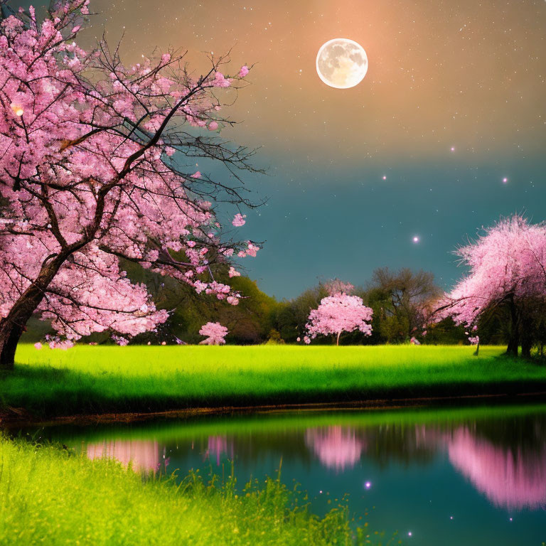 Tranquil night landscape with cherry blossoms by calm lake