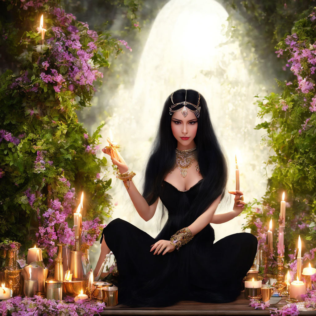 Dark-haired woman in black attire surrounded by candles and purple flowers in mystical setting